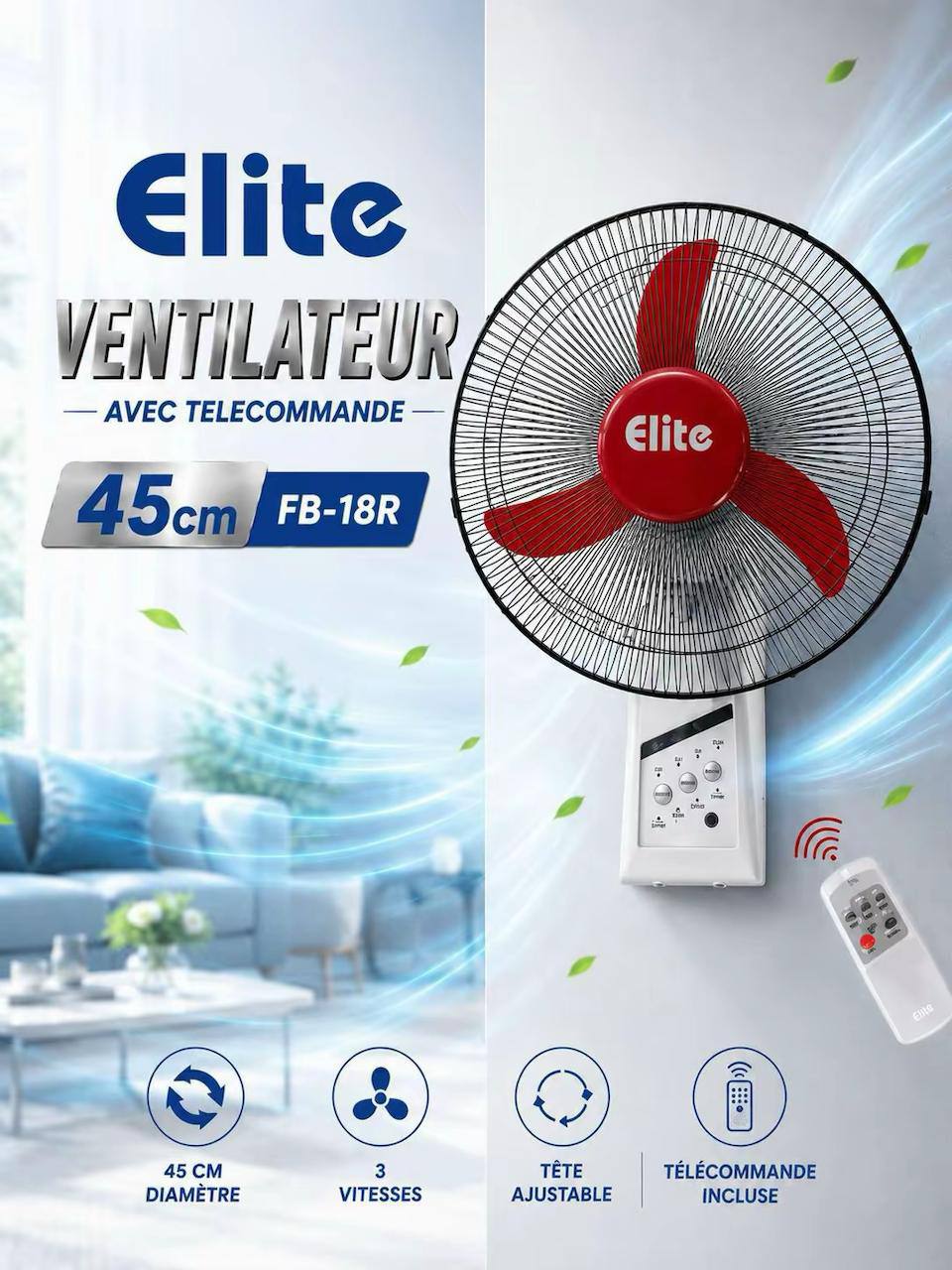 Elite Ventilateur Mural FB-18R 45cm